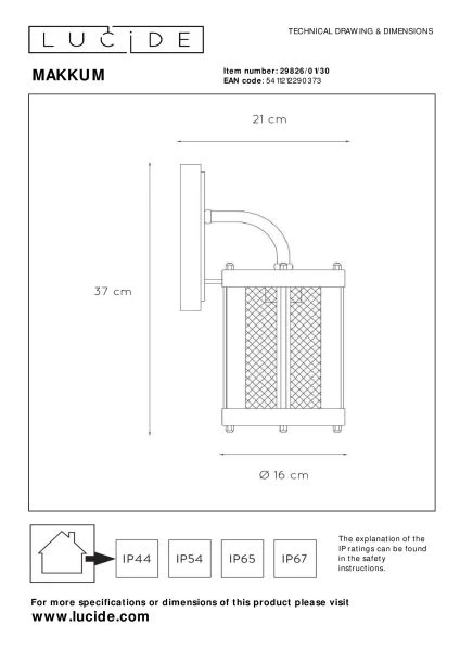 Lucide MAKKUM - Wandlamp Binnen/Buiten - 1xE27 - IP23 - Zwart - technisch